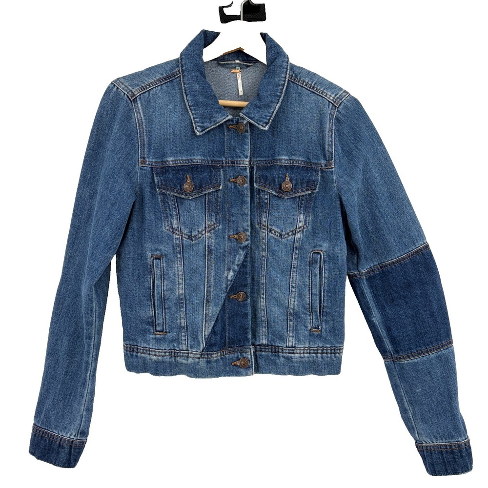 Free People Rumors Patchwork Denim Jacket Womens Small Blue Jean